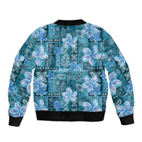 Cyan Hawaii Plumeria With Tropical Flowers Motifs Sleeve Zip Bomber Jacket