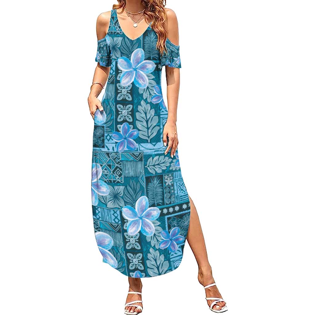 Cyan Hawaii Plumeria With Tropical Flowers Motifs Summer Maxi Dress