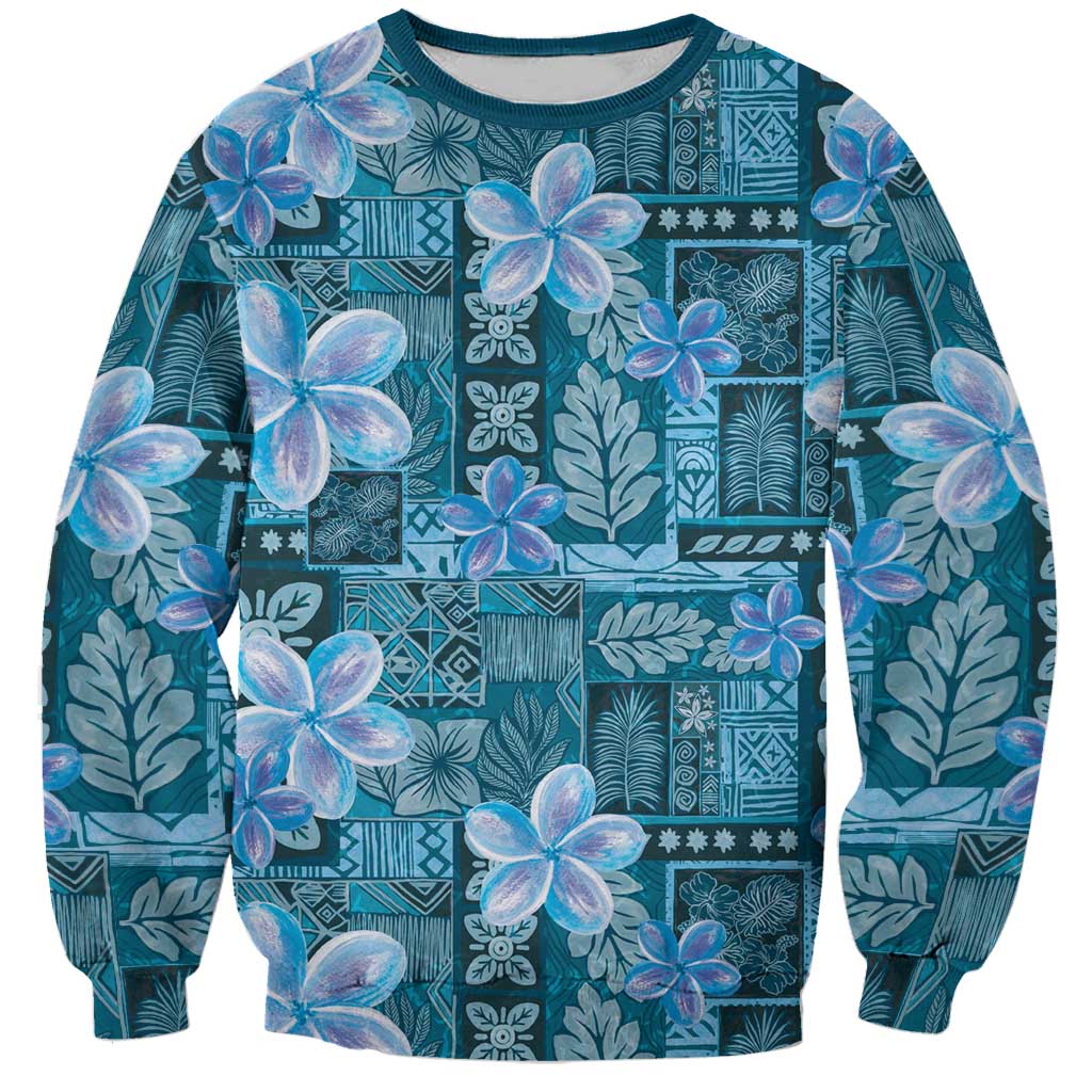 Cyan Hawaii Plumeria With Tropical Flowers Motifs Sweatshirt