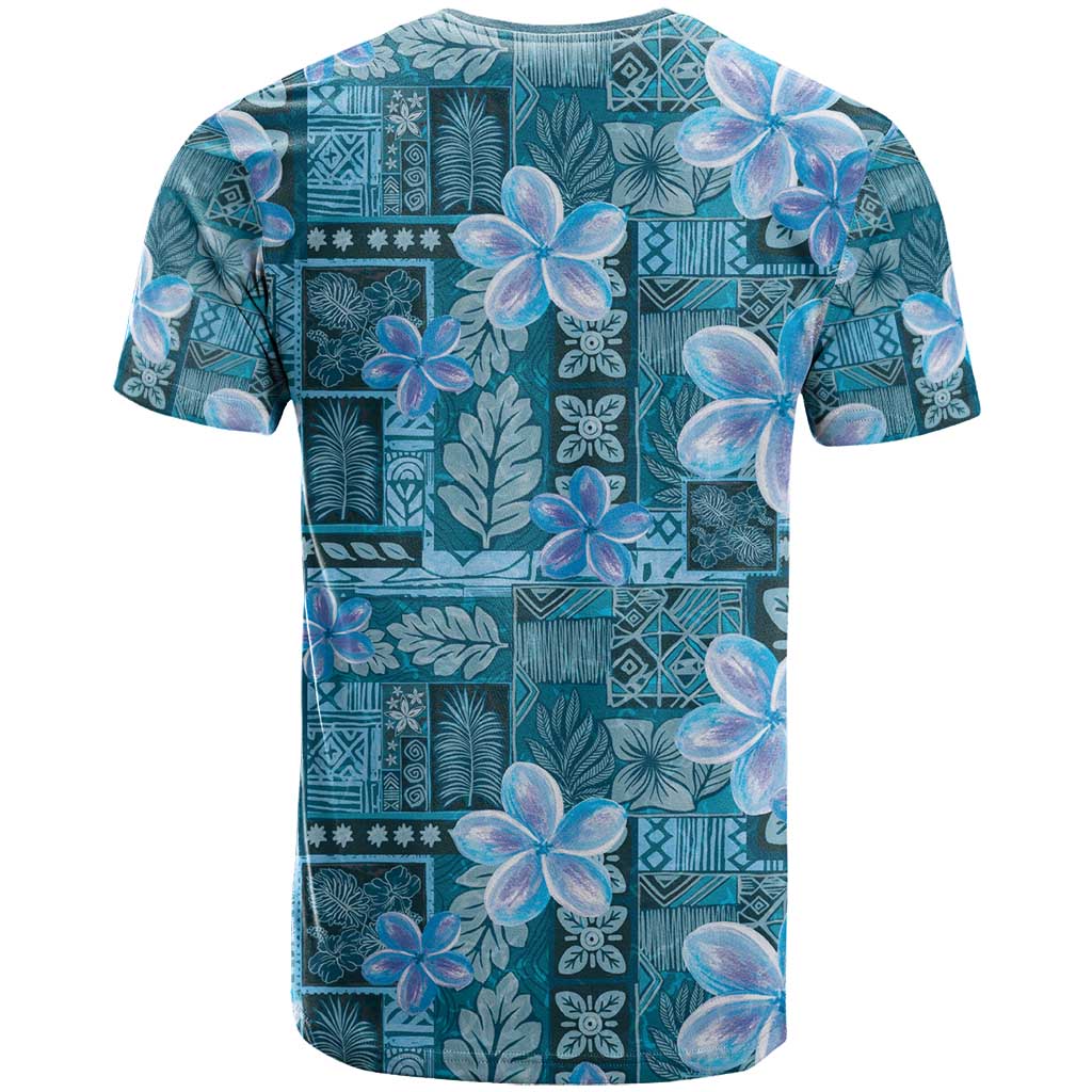 Cyan Hawaii Plumeria With Tropical Flowers Motifs T Shirt