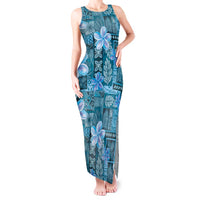 Cyan Hawaii Plumeria With Tropical Flowers Motifs Tank Maxi Dress