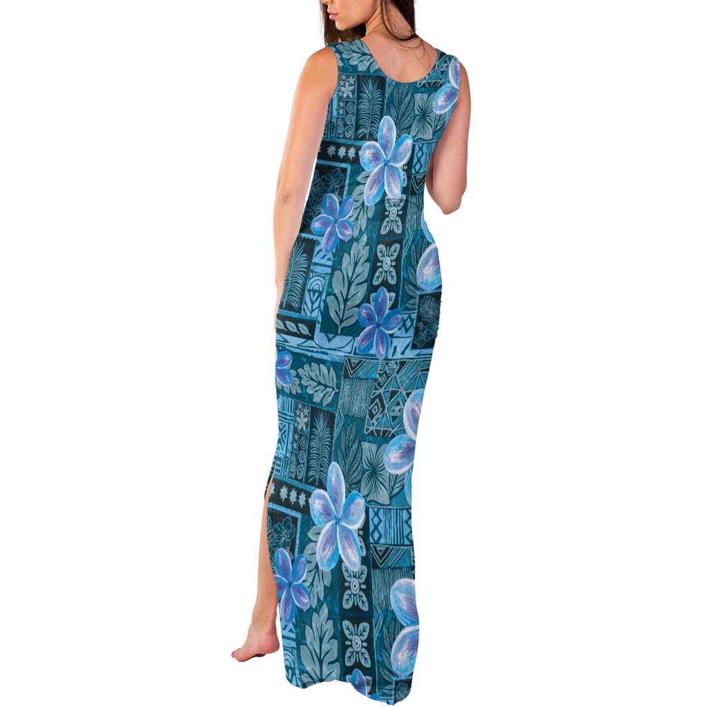 Cyan Hawaii Plumeria With Tropical Flowers Motifs Tank Maxi Dress