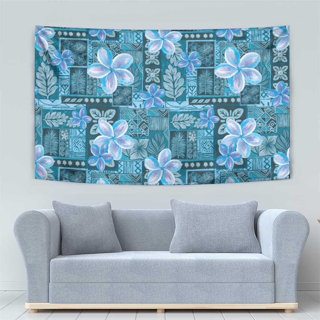 Cyan Hawaii Plumeria With Tropical Flowers Motifs Tapestry