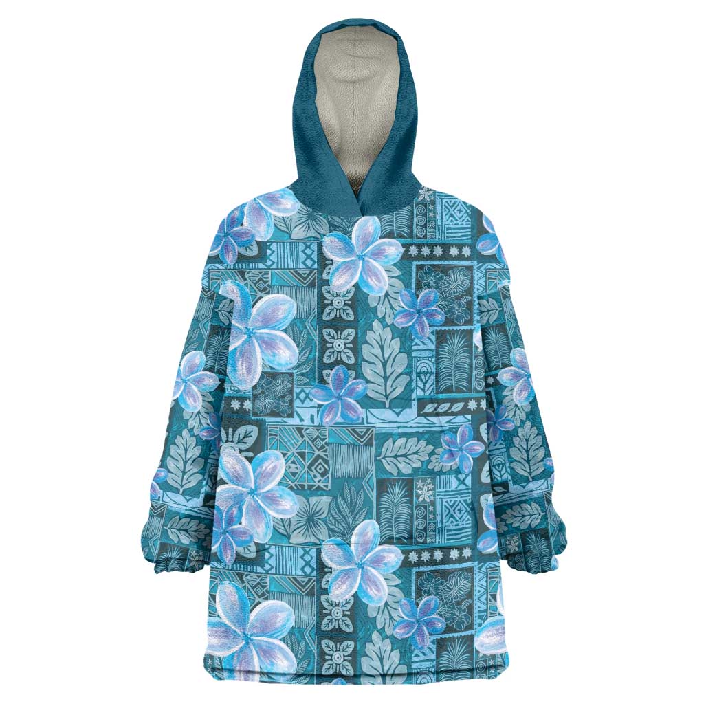 Cyan Hawaii Plumeria With Tropical Flowers Motifs Wearable Blanket Hoodie