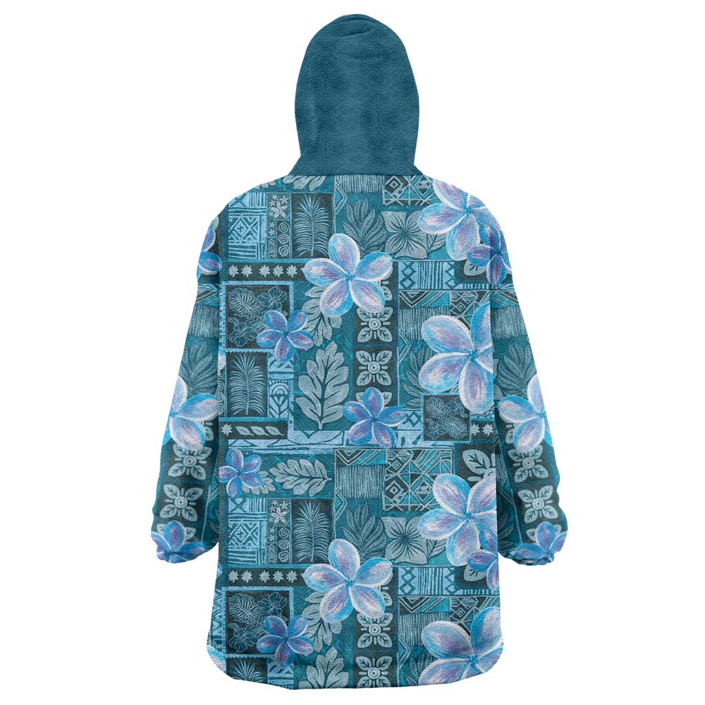 Cyan Hawaii Plumeria With Tropical Flowers Motifs Wearable Blanket Hoodie