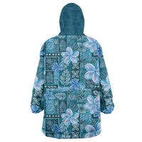 Cyan Hawaii Plumeria With Tropical Flowers Motifs Wearable Blanket Hoodie