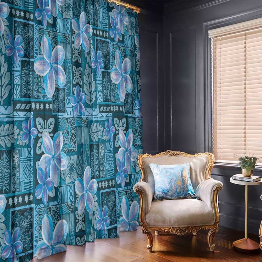 Cyan Hawaii Plumeria With Tropical Flowers Motifs Window Curtain