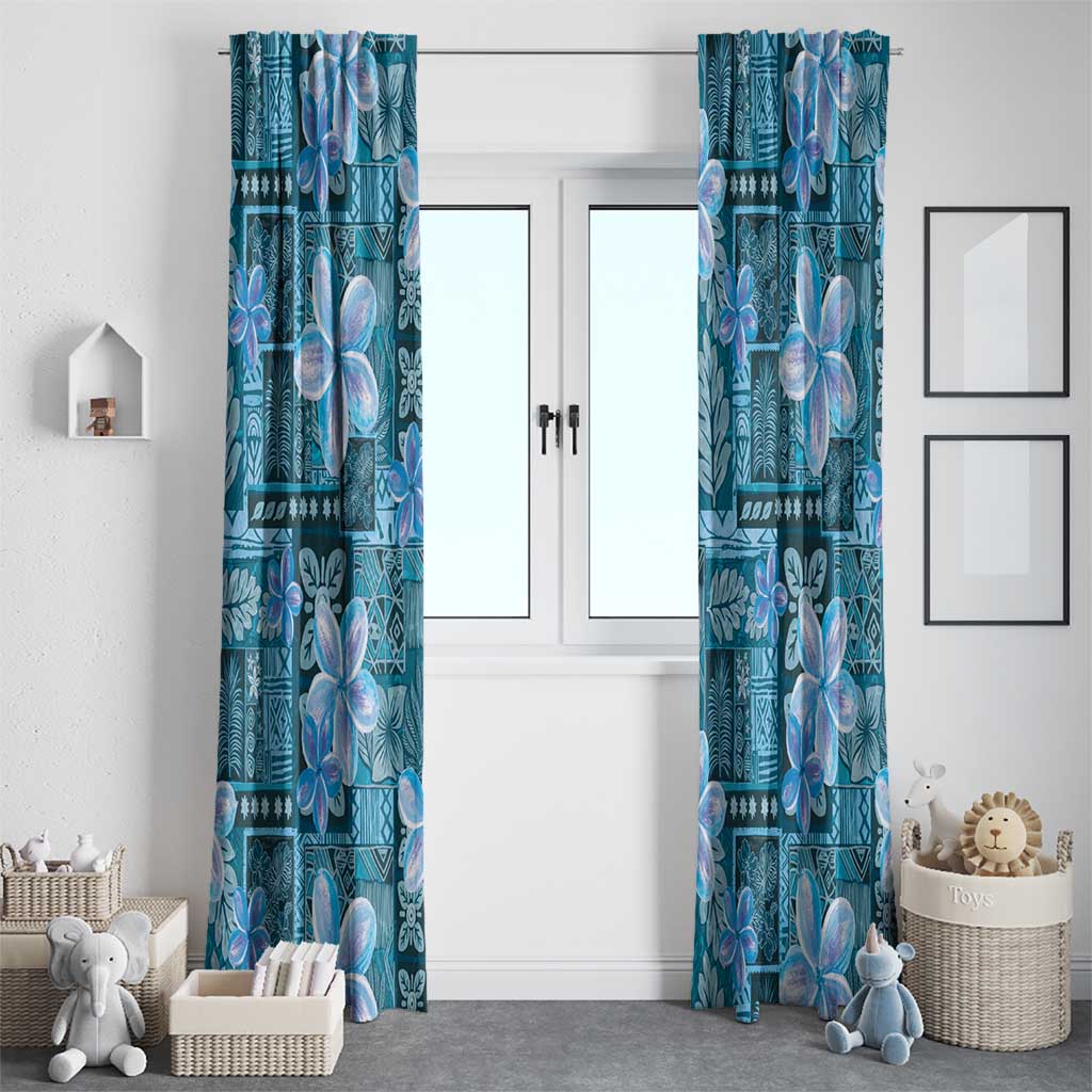 Cyan Hawaii Plumeria With Tropical Flowers Motifs Window Curtain