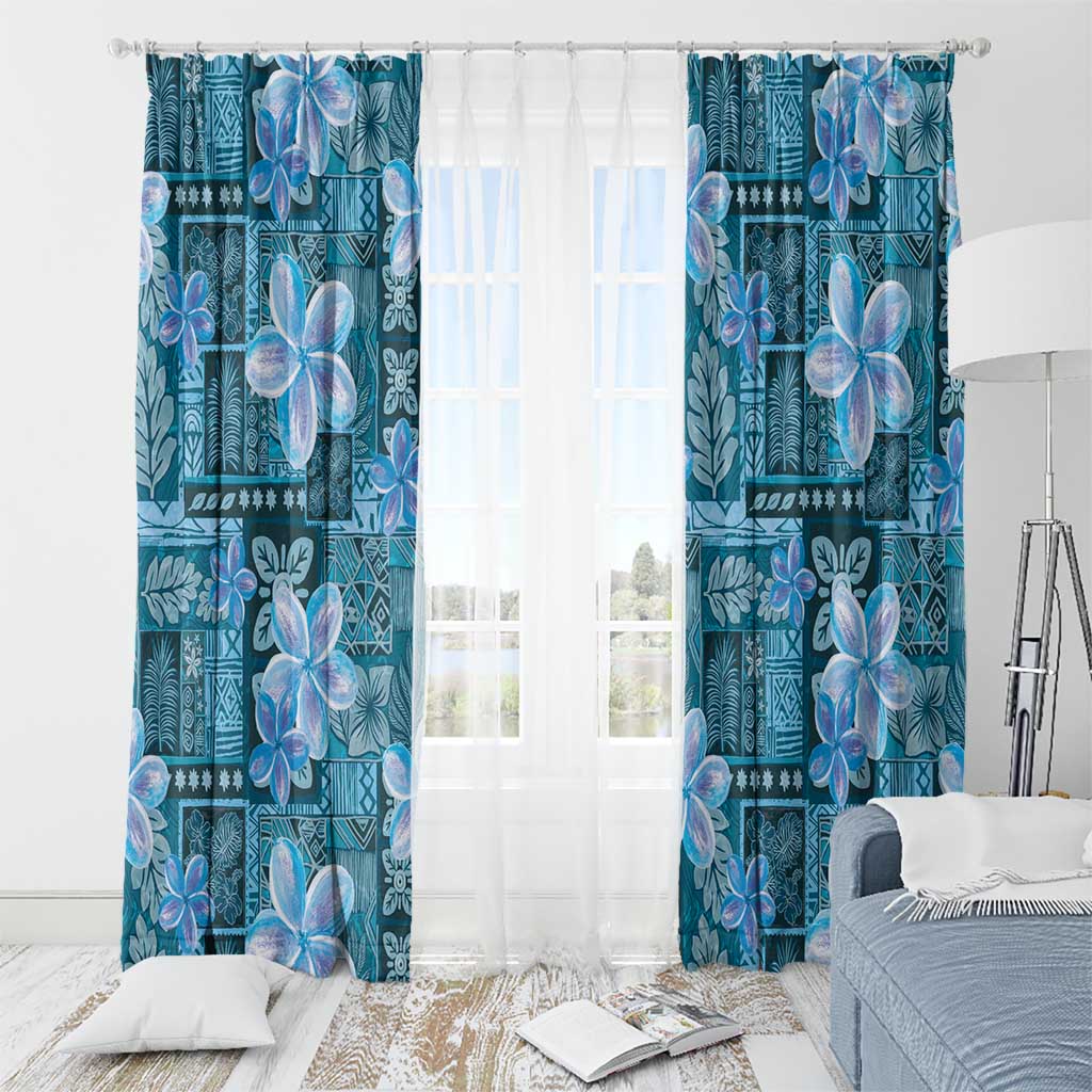 Cyan Hawaii Plumeria With Tropical Flowers Motifs Window Curtain