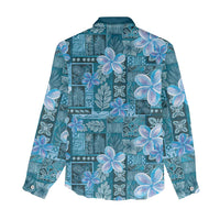 Cyan Hawaii Plumeria With Tropical Flowers Motifs Women Casual Shirt