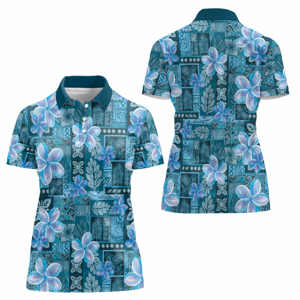 Cyan Hawaii Plumeria With Tropical Flowers Motifs Women Polo Shirt