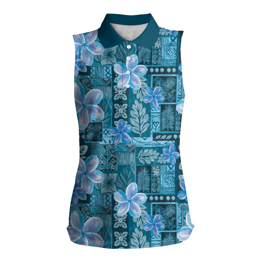 Cyan Hawaii Plumeria With Tropical Flowers Motifs Women Sleeveless Polo Shirt