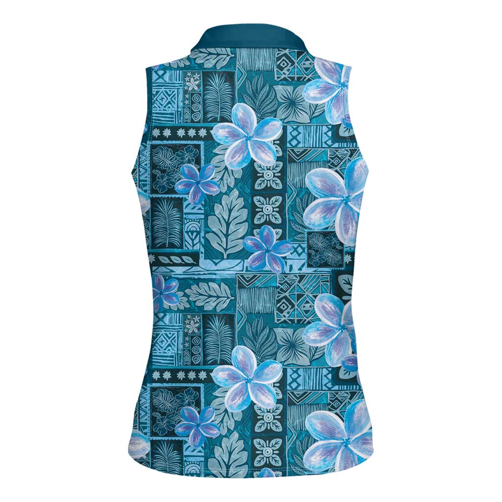 Cyan Hawaii Plumeria With Tropical Flowers Motifs Women Sleeveless Polo Shirt