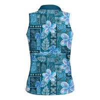 Cyan Hawaii Plumeria With Tropical Flowers Motifs Women Sleeveless Polo Shirt