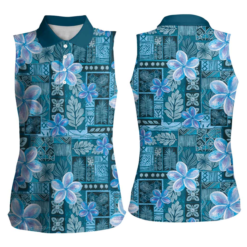 Cyan Hawaii Plumeria With Tropical Flowers Motifs Women Sleeveless Polo Shirt