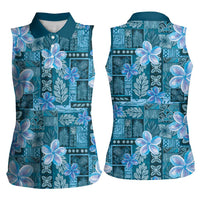 Cyan Hawaii Plumeria With Tropical Flowers Motifs Women Sleeveless Polo Shirt