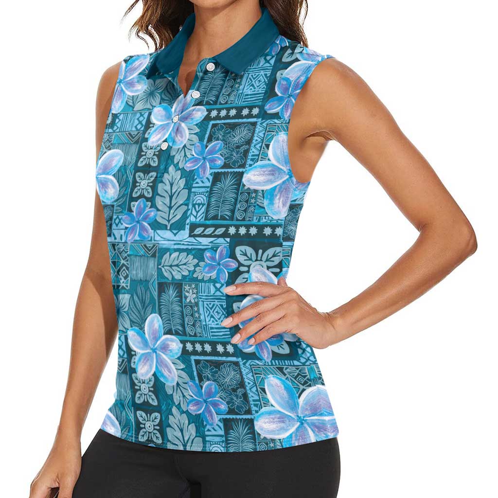 Cyan Hawaii Plumeria With Tropical Flowers Motifs Women Sleeveless Polo Shirt
