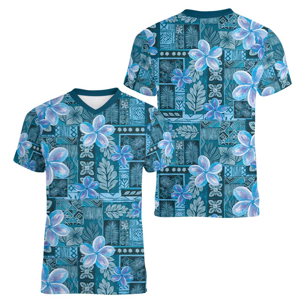 Cyan Hawaii Plumeria With Tropical Flowers Motifs Women V-Neck T-Shirt