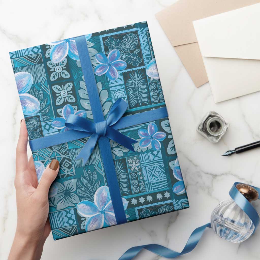 Cyan Hawaii Plumeria With Tropical Flowers Motifs Wrapping Paper - Polynesian Pride