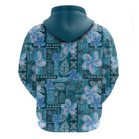 Cyan Hawaii Plumeria With Tropical Flowers Motifs Zip Hoodie