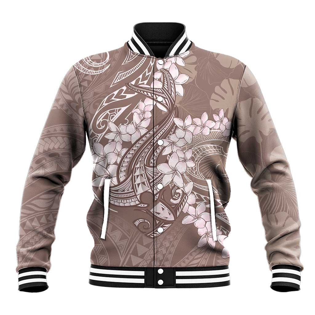 Polynesia Hammerhead Shark Tattoo With Plumeria Lei Baseball Jacket LT14 Unisex Mocha - Polynesian Pride