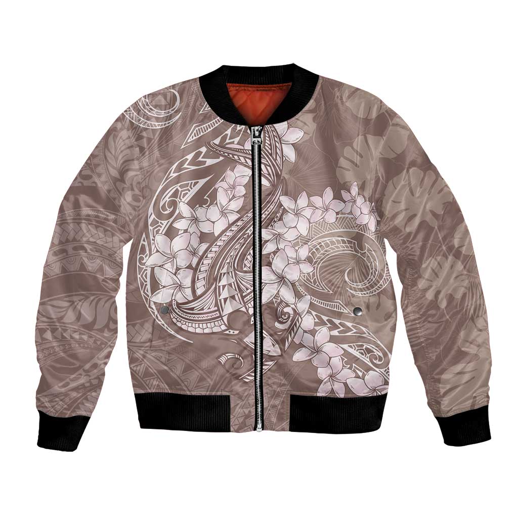 Polynesia Hammerhead Shark Tattoo With Plumeria Lei Bomber Jacket LT14 Unisex Mocha - Polynesian Pride