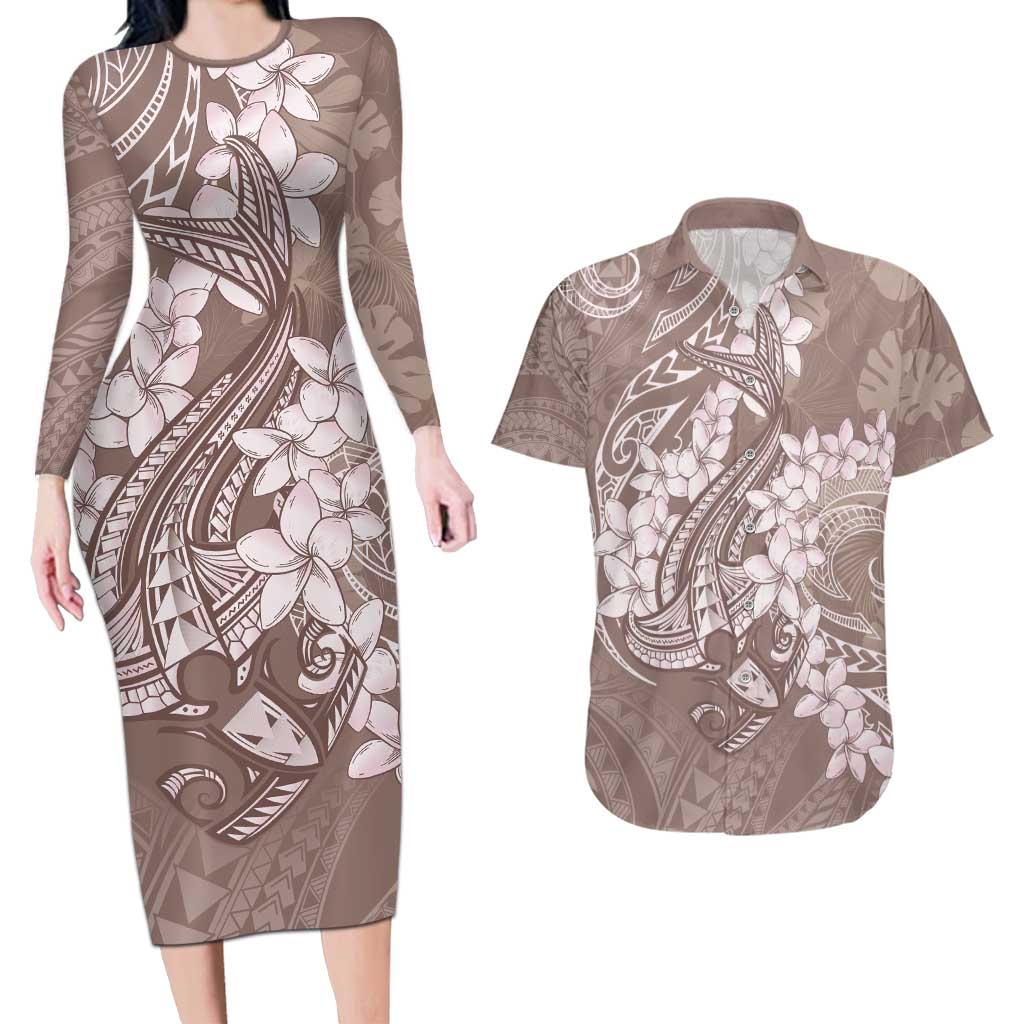 Polynesia Hammerhead Shark Tattoo With Plumeria Lei Couples Matching Long Sleeve Bodycon Dress and Hawaiian Shirt