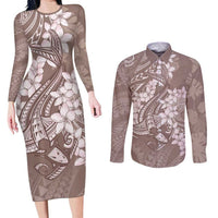 Polynesia Hammerhead Shark Tattoo With Plumeria Lei Couples Matching Long Sleeve Bodycon Dress and Long Sleeve Button Shirt LT14 Mocha - Polynesian Pride
