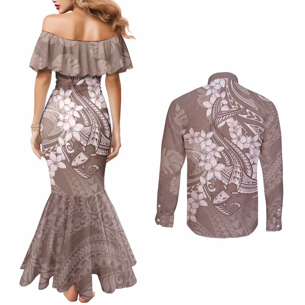 Polynesia Hammerhead Shark Tattoo With Plumeria Lei Couples Matching Mermaid Dress and Long Sleeve Button Shirt LT14 - Polynesian Pride