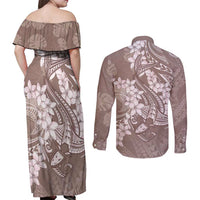 Polynesia Hammerhead Shark Tattoo With Plumeria Lei Couples Matching Off Shoulder Maxi Dress and Long Sleeve Button Shirt