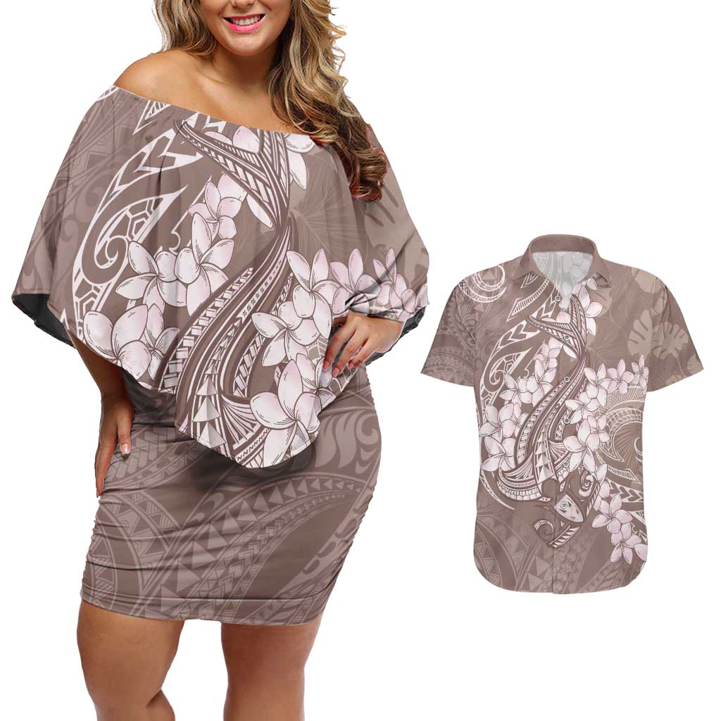Polynesia Hammerhead Shark Tattoo With Plumeria Lei Couples Matching Off Shoulder Short Dress and Hawaiian Shirt