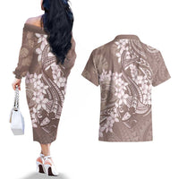 Polynesia Hammerhead Shark Tattoo With Plumeria Lei Couples Matching Off The Shoulder Long Sleeve Dress and Hawaiian Shirt