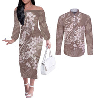 Polynesia Hammerhead Shark Tattoo With Plumeria Lei Couples Matching Off The Shoulder Long Sleeve Dress and Long Sleeve Button Shirt LT14 Mocha - Polynesian Pride