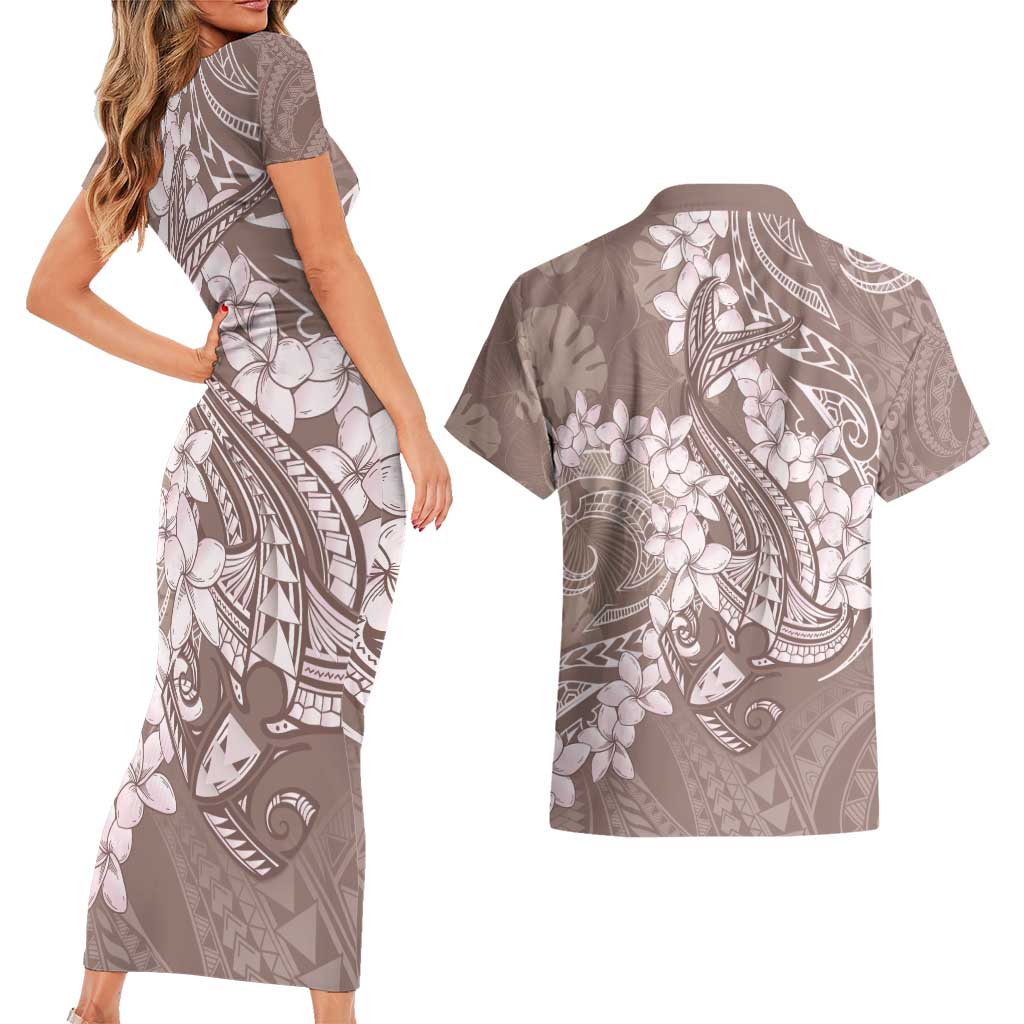 Polynesia Hammerhead Shark Tattoo With Plumeria Lei Couples Matching Short Sleeve Bodycon Dress and Hawaiian Shirt