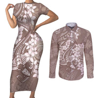 Polynesia Hammerhead Shark Tattoo With Plumeria Lei Couples Matching Short Sleeve Bodycon Dress and Long Sleeve Button Shirt LT14 Mocha - Polynesian Pride