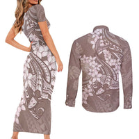 Polynesia Hammerhead Shark Tattoo With Plumeria Lei Couples Matching Short Sleeve Bodycon Dress and Long Sleeve Button Shirt LT14 - Polynesian Pride