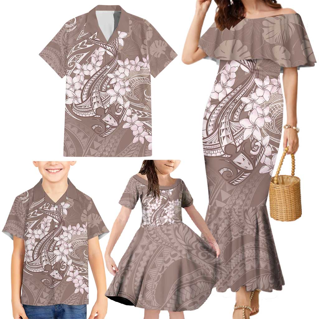 Polynesia Hammerhead Shark Tattoo With Plumeria Lei Family Matching Mermaid Dress and Hawaiian Shirt