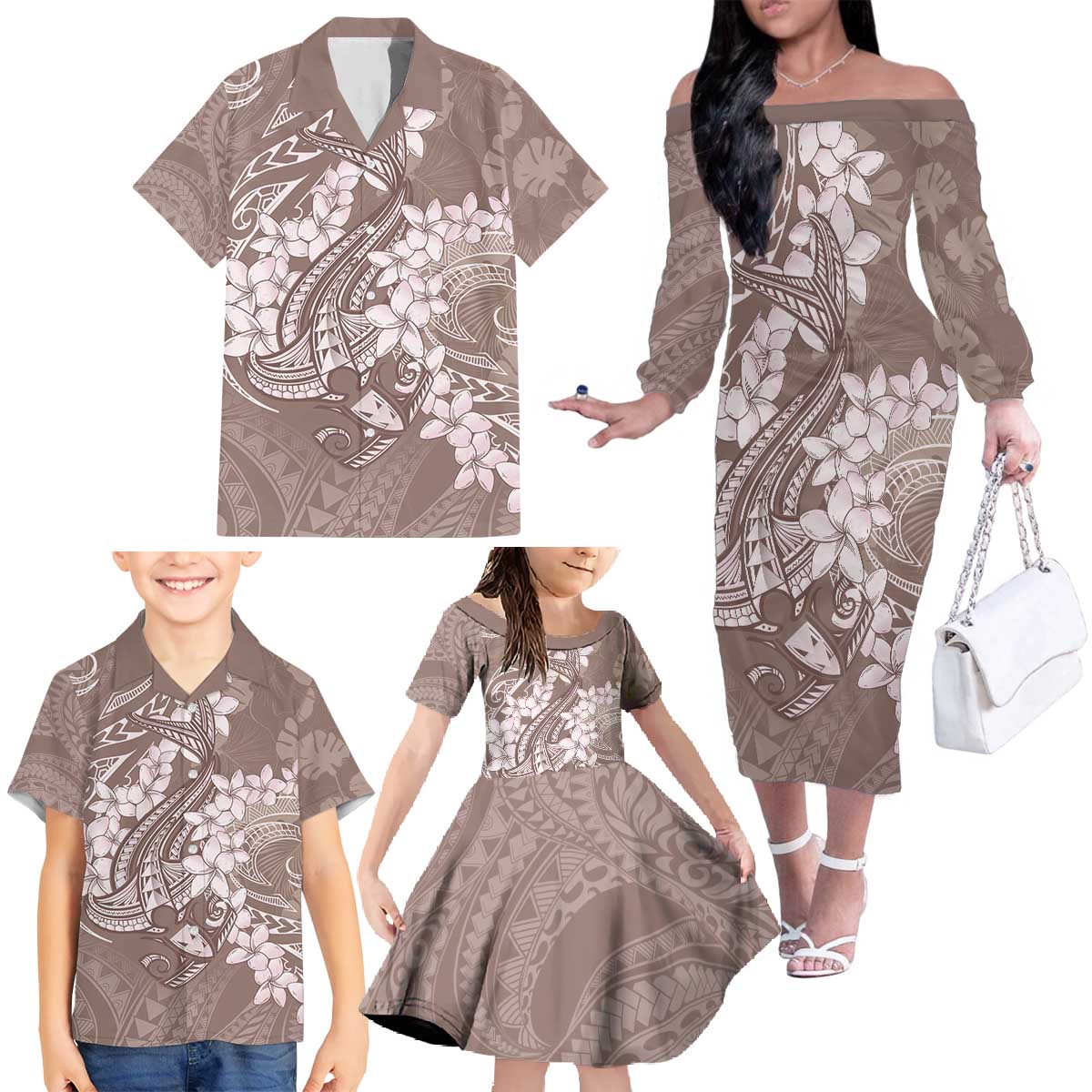 Polynesia Hammerhead Shark Tattoo With Plumeria Lei Family Matching Off The Shoulder Long Sleeve Dress and Hawaiian Shirt