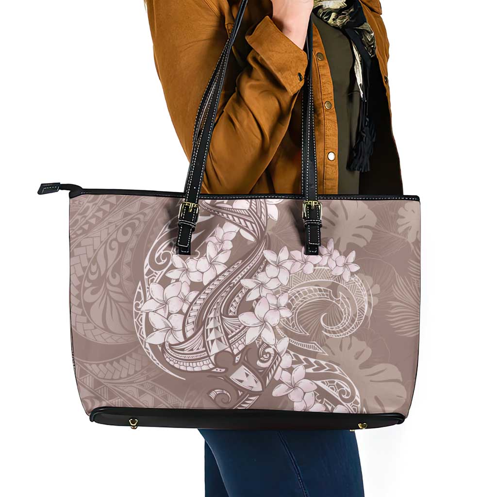 Polynesia Hammerhead Shark Tattoo With Plumeria Lei Leather Tote Bag LT14 - Polynesian Pride