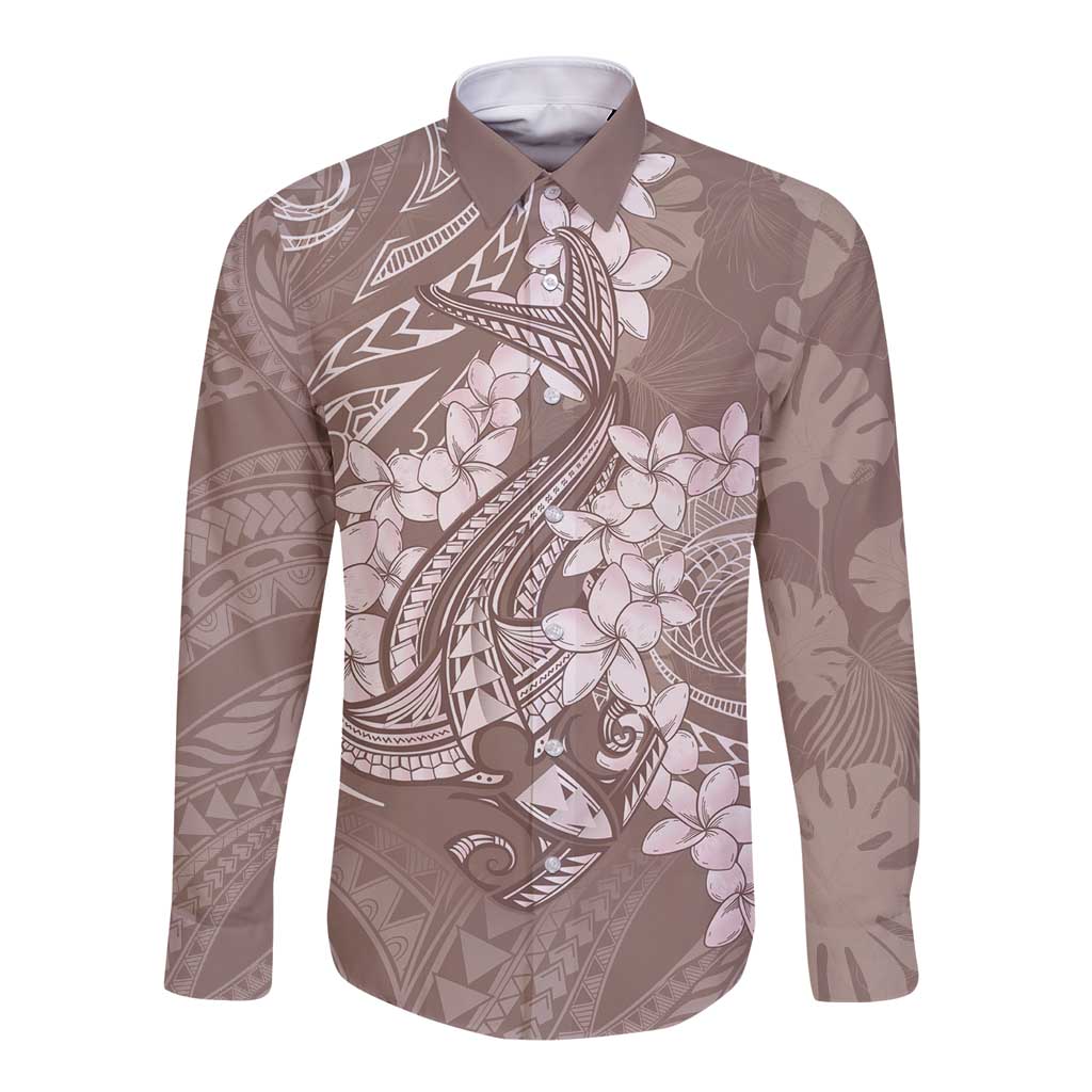 Polynesia Hammerhead Shark Tattoo With Plumeria Lei Long Sleeve Button Shirt