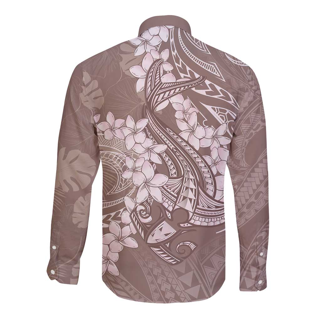 Polynesia Hammerhead Shark Tattoo With Plumeria Lei Long Sleeve Button Shirt