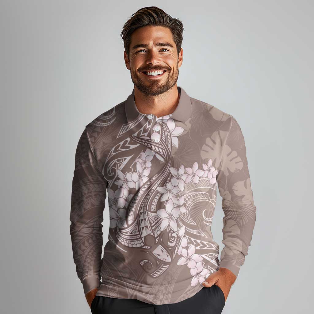Polynesia Hammerhead Shark Tattoo With Plumeria Lei Long Sleeve Polo Shirt LT14 - Polynesian Pride