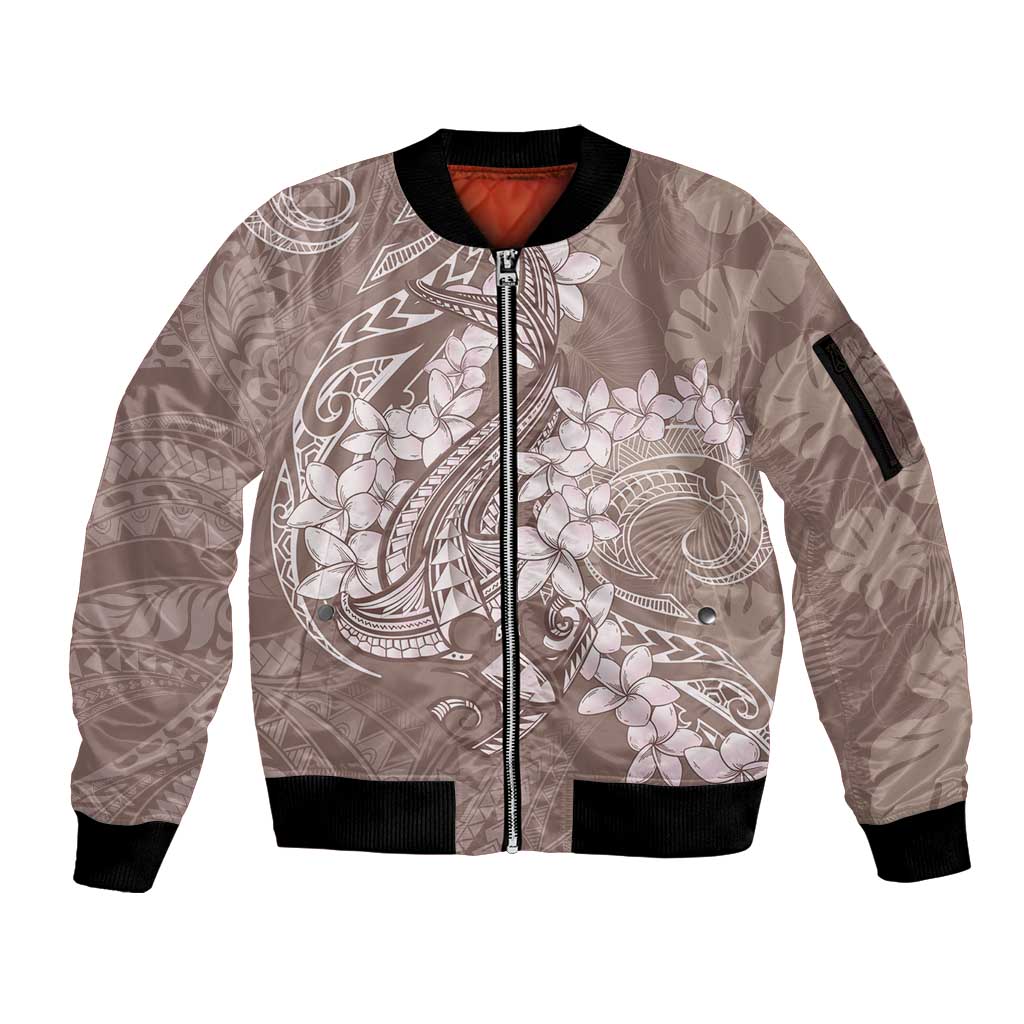 Polynesia Hammerhead Shark Tattoo With Plumeria Lei Sleeve Zip Bomber Jacket LT14 Unisex Mocha - Polynesian Pride