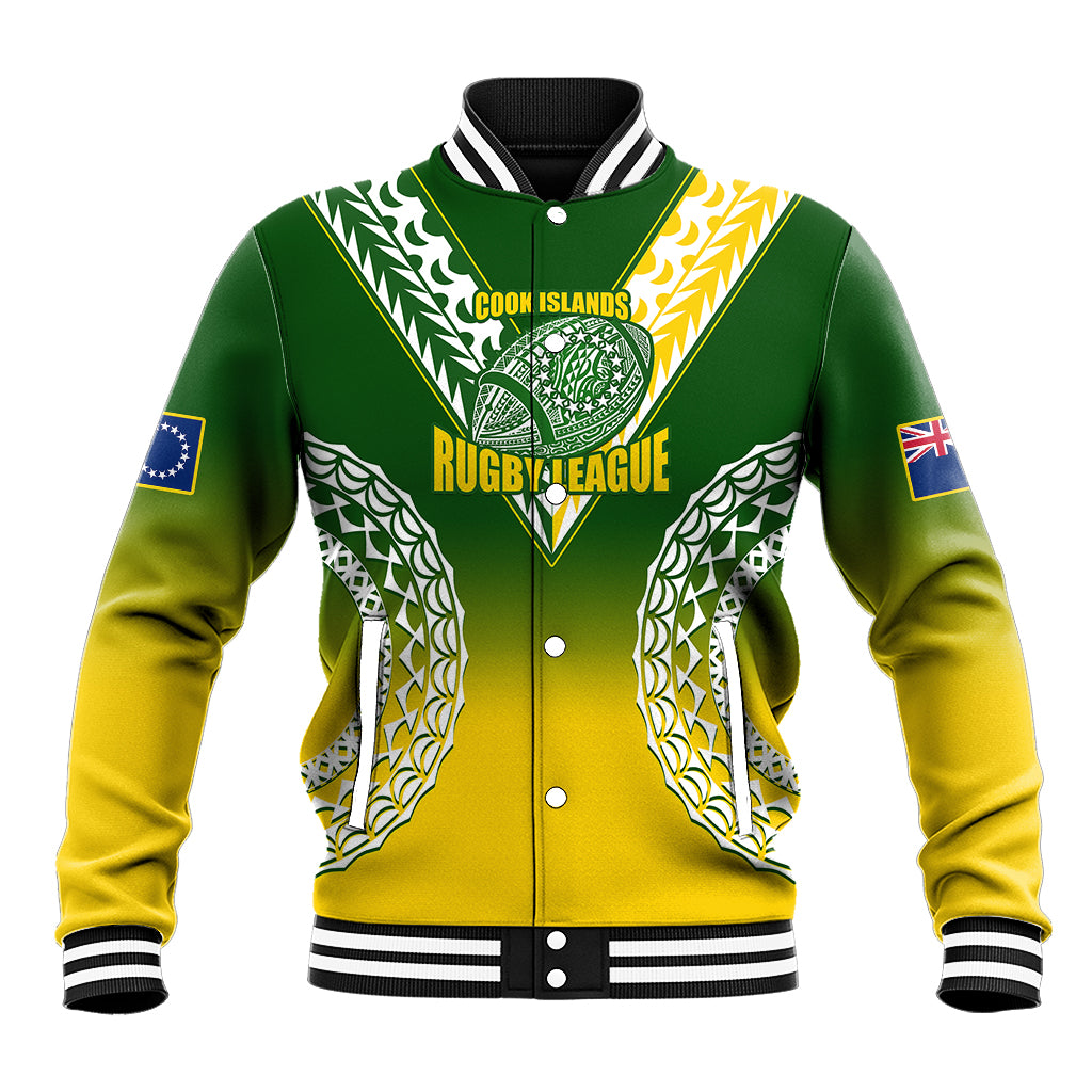 Personalised Cook Islands Rugby Baseball Jacket Pacific Go The Kukis Gradient Style LT14 Unisex Green - Polynesian Pride