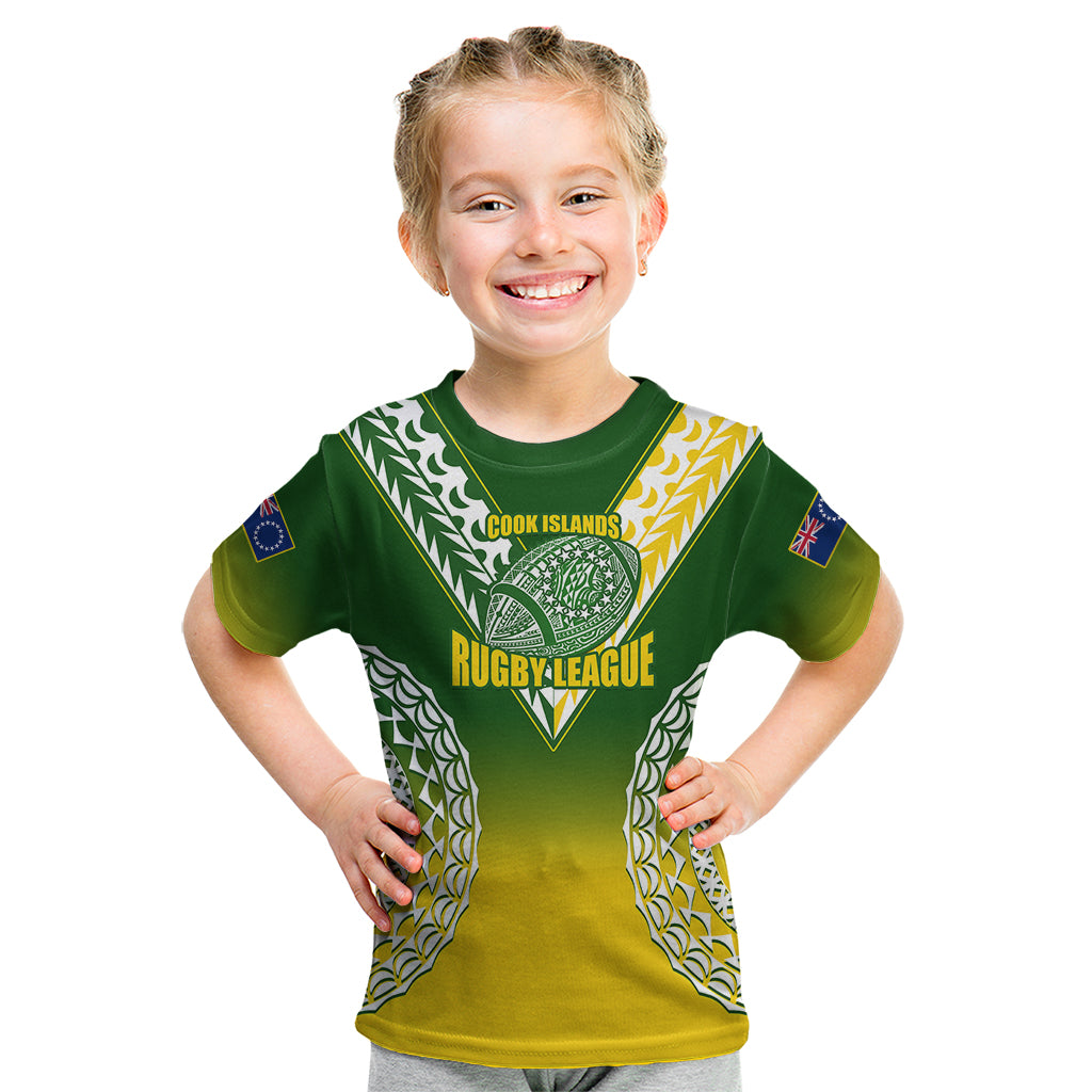 Personalised Cook Islands Rugby Kid T Shirt Pacific Go The Kukis Gradient Style LT14 Green - Polynesian Pride