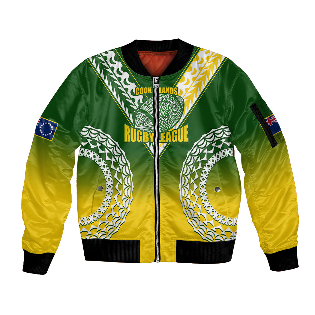 Personalised Cook Islands Rugby Sleeve Zip Bomber Jacket Pacific Go The Kukis Gradient Style LT14 Unisex Green - Polynesian Pride