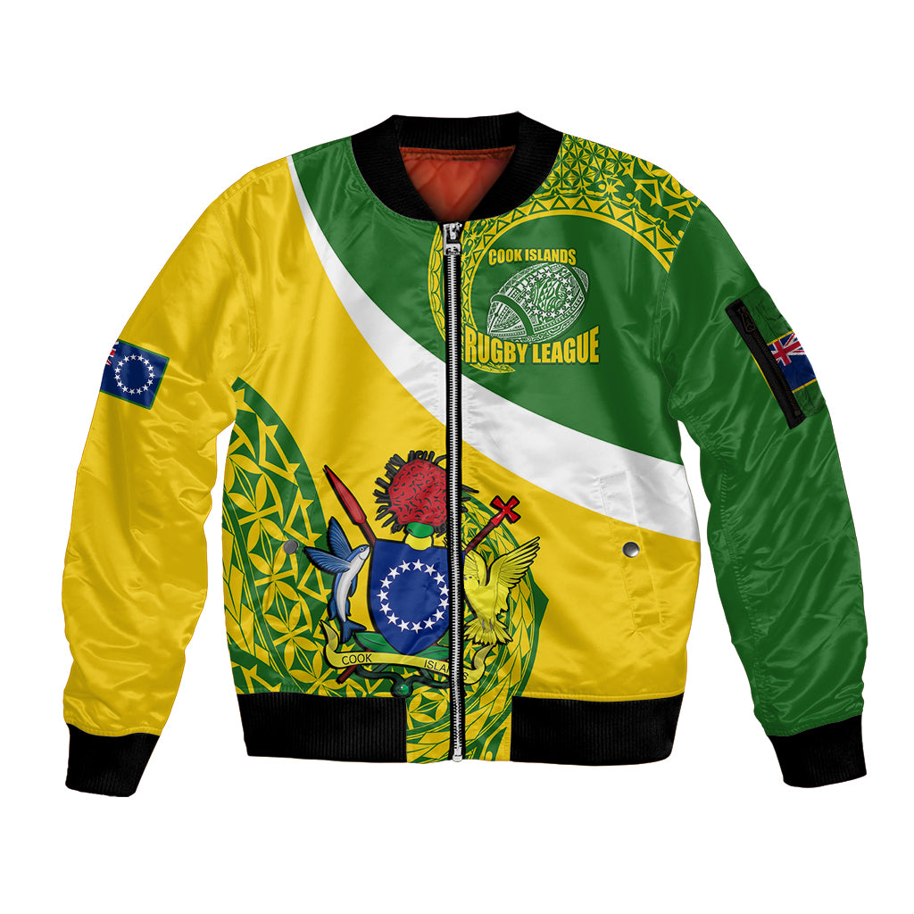 Personalised Cook Islands Rugby Sleeve Zip Bomber Jacket Pacific Go The Kukis Sporty Style LT14 Unisex Green - Polynesian Pride