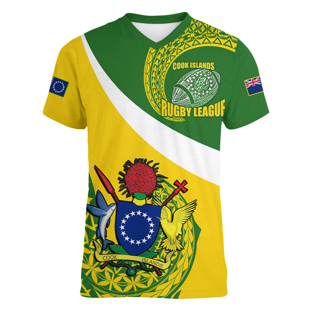 Personalised Cook Islands Rugby Women V Neck T Shirt Pacific Go The Kukis Sporty Style LT14 Female Green - Polynesian Pride