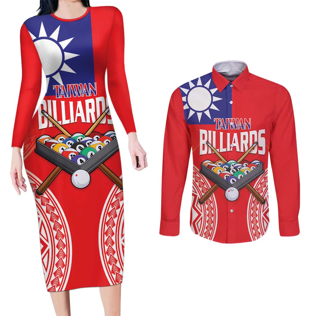 Personalised Taiwan Billiards Couples Matching Long Sleeve Bodycon Dress and Long Sleeve Button Shirt Eight-ball Pool Polynesia Tattoo - Polynesian Pride