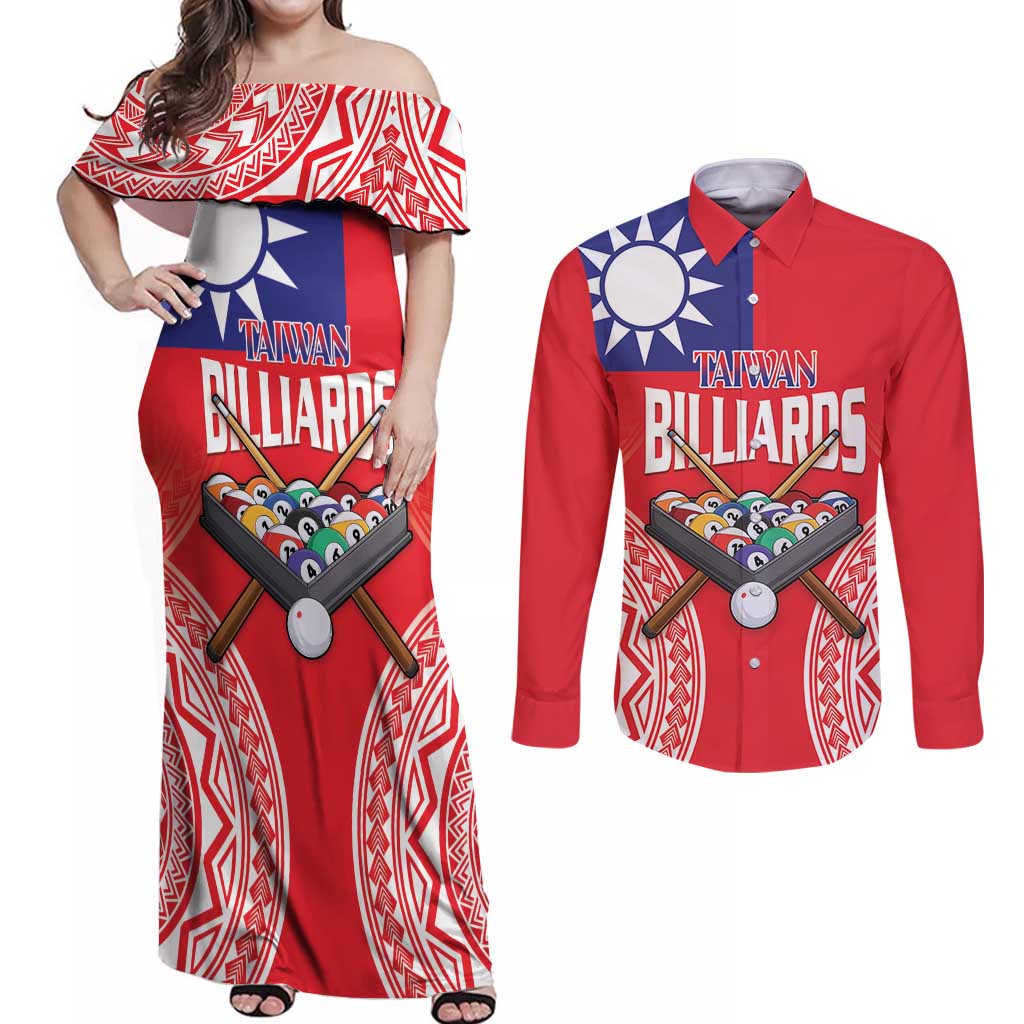 Personalised Taiwan Billiards Couples Matching Off Shoulder Maxi Dress and Long Sleeve Button Shirt Eight-ball Pool Polynesia Tattoo - Polynesian Pride